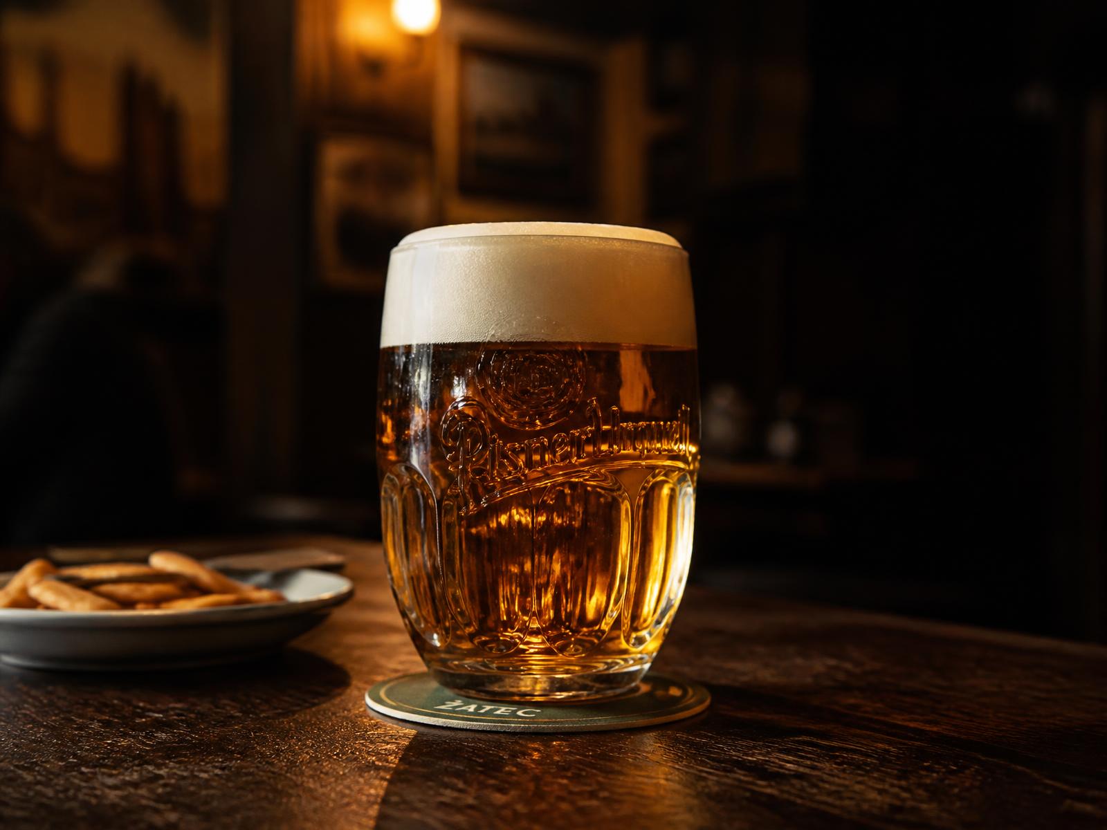 Vychlazené pivo s bohatou pěnou na dřevěném stole v hospůdce